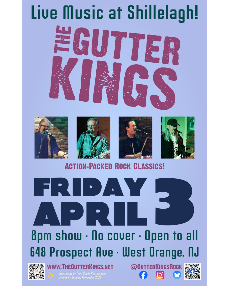 GutterKingsRock's tweet photo. TONIGHT (April 3rd)! @GutterKingsRock are back at @shillelaghFSOS in #WestOrangeNJ - We'll be hitting you with more Action-Packed Rock Classics starting at 8pm (come early for dinner)! 
Event Info: https://t.co/FiOh9boxFh

#NJEvents #NJLiveMusic #NJRocks #NJBands #NJCoverBands https://t.co/PRUKKUeIPW