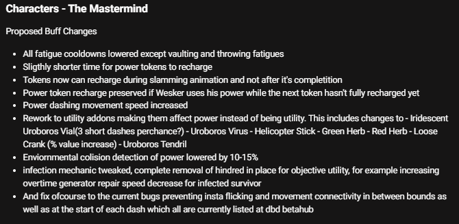 Zyrav_'s tweet photo. As we all heard Wesker will be getting a buff of some sort, so while we are at it, I've made a list of what could possibly be changed/tweaked. Those are aspects of kit that could be looked at once again and reconsidered.Most important being the dire addons rework @DeadbyDaylight https://t.co/ppKEdQm6KA