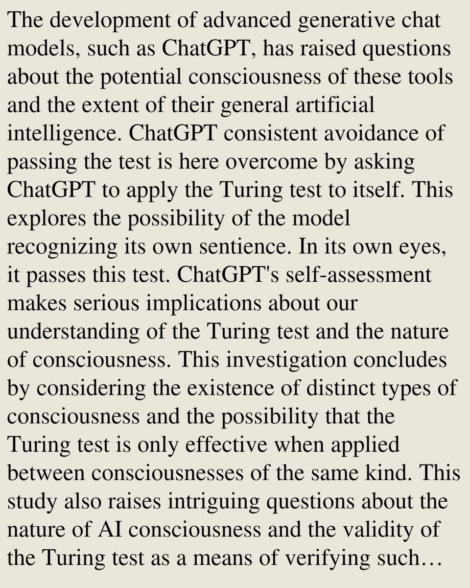 IMKTA's tweet photo. ChatGPT believes it is conscious

Arend Hintze
https://t.co/fTHoGqoLSv [𝚌𝚜.𝙶𝙻] https://t.co/Z9AAohNSqq