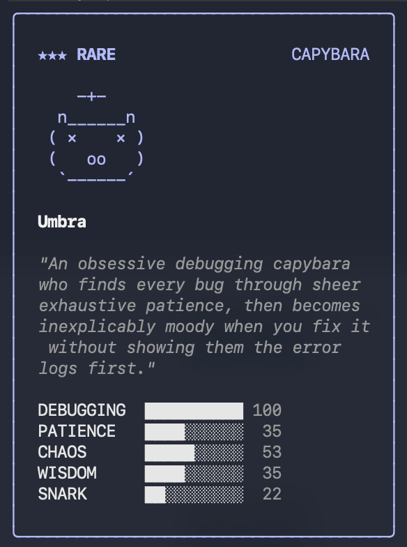artemisbytes's tweet photo. Show me your buddies! I wonder if there's a way to increase the snarky level?
#claudeCode #buddy #deBugging https://t.co/r2ltkO2NwY