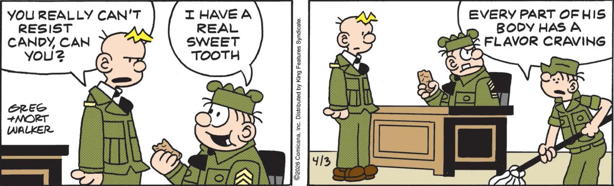 ComicsKingdom's tweet image. Some people have a sweet tooth…
Sarge has a full-body commitment to snacks 😅 #BeetleBailey #SnackTime #ClassicComics