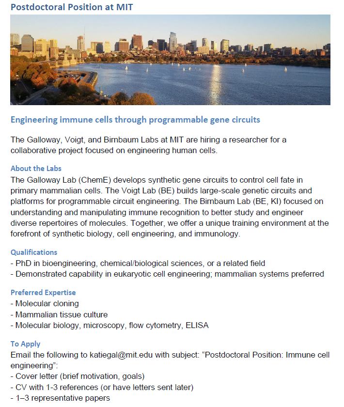 GallowayLabMIT's tweet image. 🚨 Postdoc opening @MIT
Galloway, Voigt &amp;amp; Birnbaum Labs are hiring to engineer human cells and tackle challenges in immune cell engineering.
👉 PhD + eukaryotic cell engineering experience required. Details below. 

#SynBio #Postdoc #CellEngineering 
@Geneticdesigner @MEBirnbaum