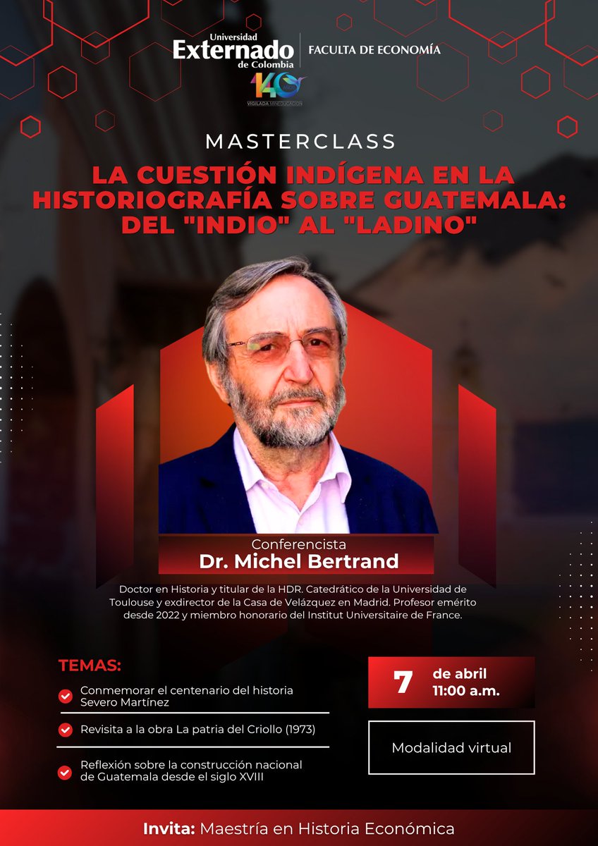 En esta masterclass, el Dr. Michel Bertrand analiza cómo la categoría del “indio” evolucionó hacia la de “ladino” en Guatemala, revelando tensiones y narrativas que han marcado la construcción nacional desde el siglo XVIII. 📚 Una conversación clave para entender cómo historia,