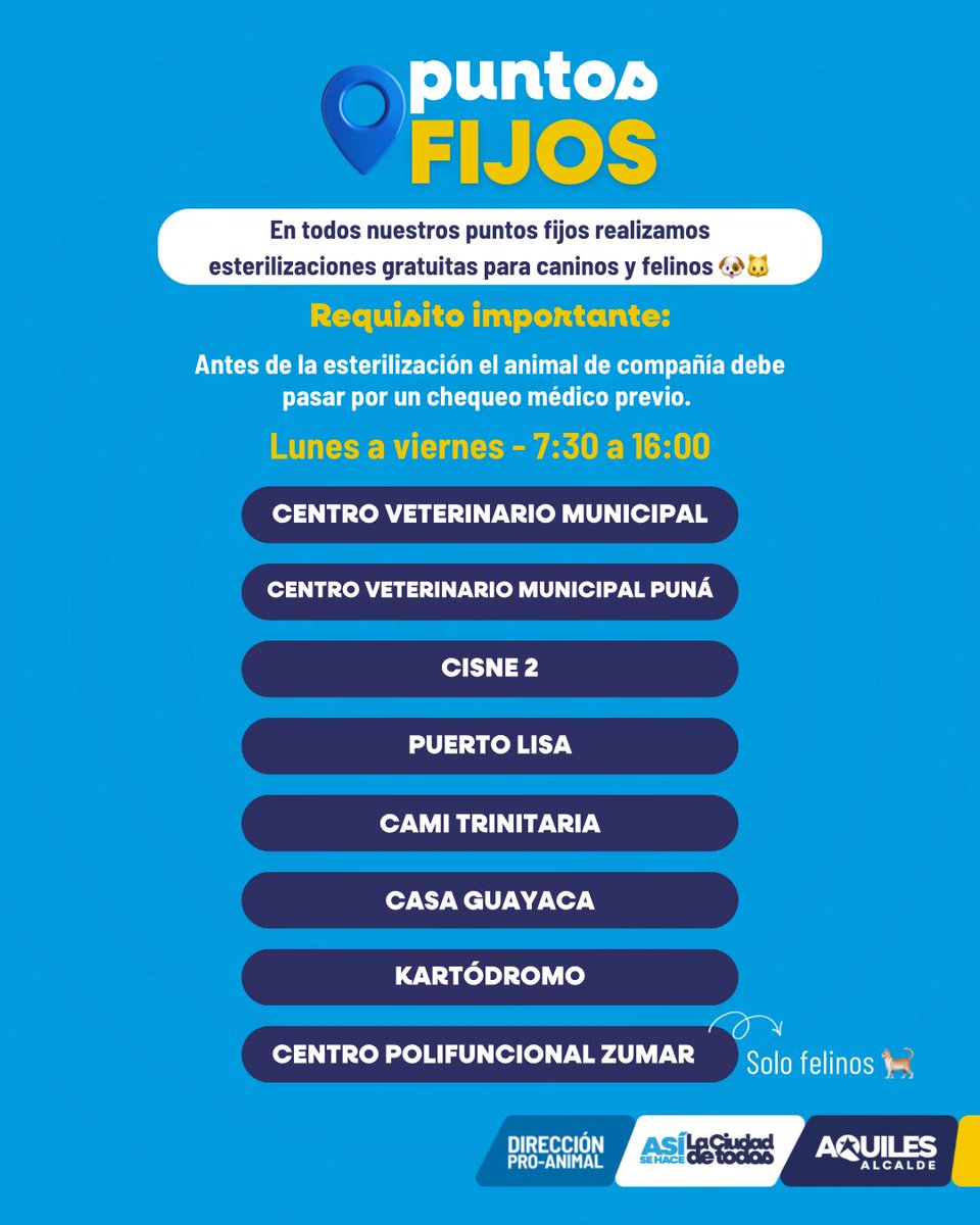 ¿Sabías que esterilizar a tu animal de compañía puede disminuir el riesgo de enfermedades, mejorar su calidad de vida y evitar camadas no deseadas?

En nuestros puntos fijos realizamos esterilizaciones de manera gratuita.

Atención es de lunes a viernes de 7:30 a 16:00 🩺🐶🐱