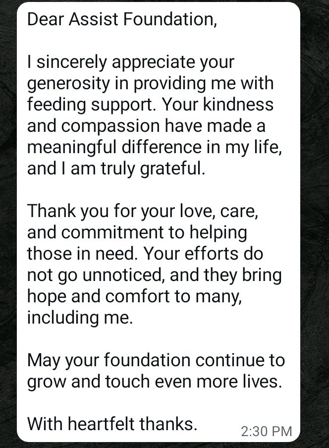 assistfoundatin's tweet photo. "You have saved a life today." 

The comment of a beneficiary 

We are humbled to play a small part in this journey and remain committed to ensuring no one has to go through their hardest days alone. To God be the glory for the provision. 
#NLS
#AssistFoundation  #SocialImpact https://t.co/XlRmIR5KKi