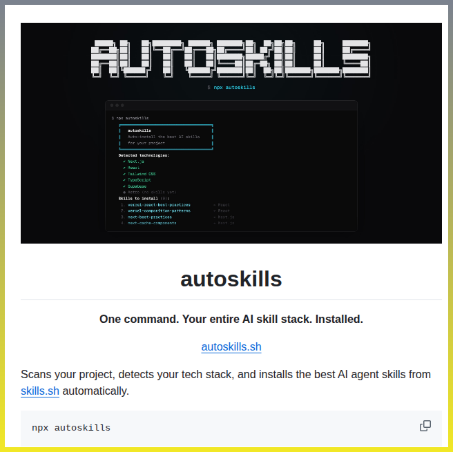 tom_doerr's tweet photo. Installs AI agent skills based on project tech stack

https://t.co/q0xO6h9iVv https://t.co/66Y8W62mU4
