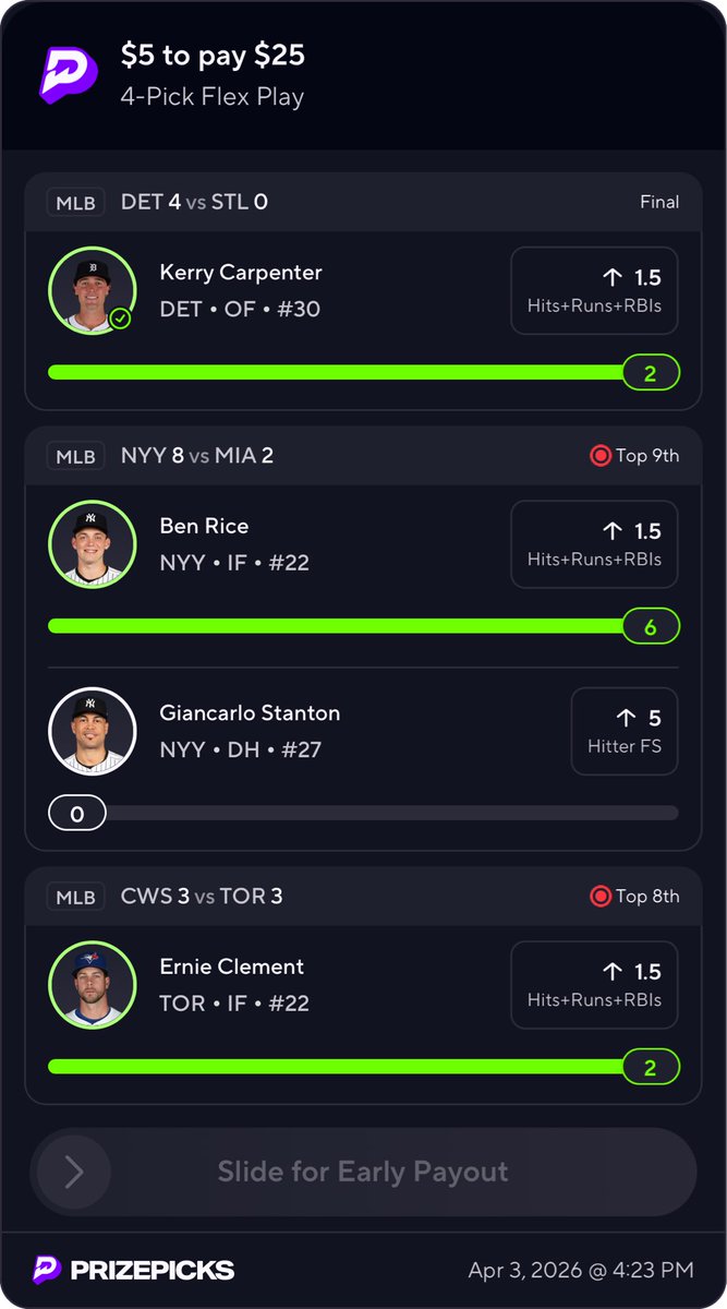 GaUtPicks's tweet photo. 🚨 CASH FLOW ALERT 🚨

$5 ➡️ $25 FLEX PLAY ON THE WAY 💰🔥

WE’RE COOKING RIGHT NOW…
✅ Kerry Carpenter ✔️
✅ Ben Rice GOING CRAZY (6 😳)
✅ Ernie Clement CASHED ✔️
👀 Giancarlo Stanton… we just need ONE MOMENT

THIS IS WHAT WE DO 📈
THIS IS WHY YOU TAP IN 💸

One swing… one hit… and it’s OVER 🔒

Don’t blink — this ticket about to CASH ANY SECOND 💰🔥

#PrizePicks #MLB