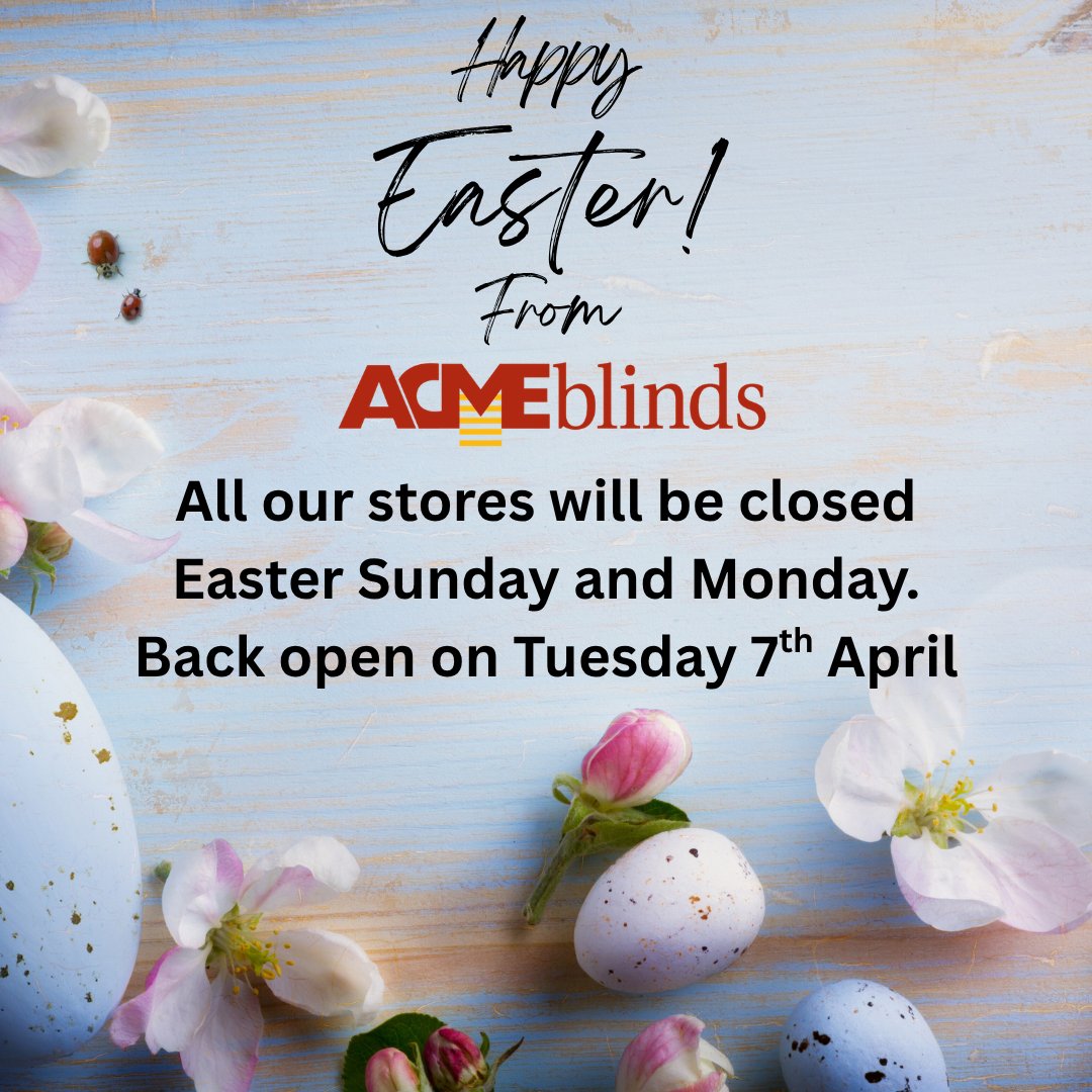🐣🌷 Happy Easter from all of us at Acme Blinds! 🌷🐣We’d like to wish all our wonderful customers a joyful and relaxing Easter. Our shops will be closed on Easter Sunday and Monday, and we’ll be back open as usual on Tuesday, April 7th. #HappyEaster #AcmeBlinds