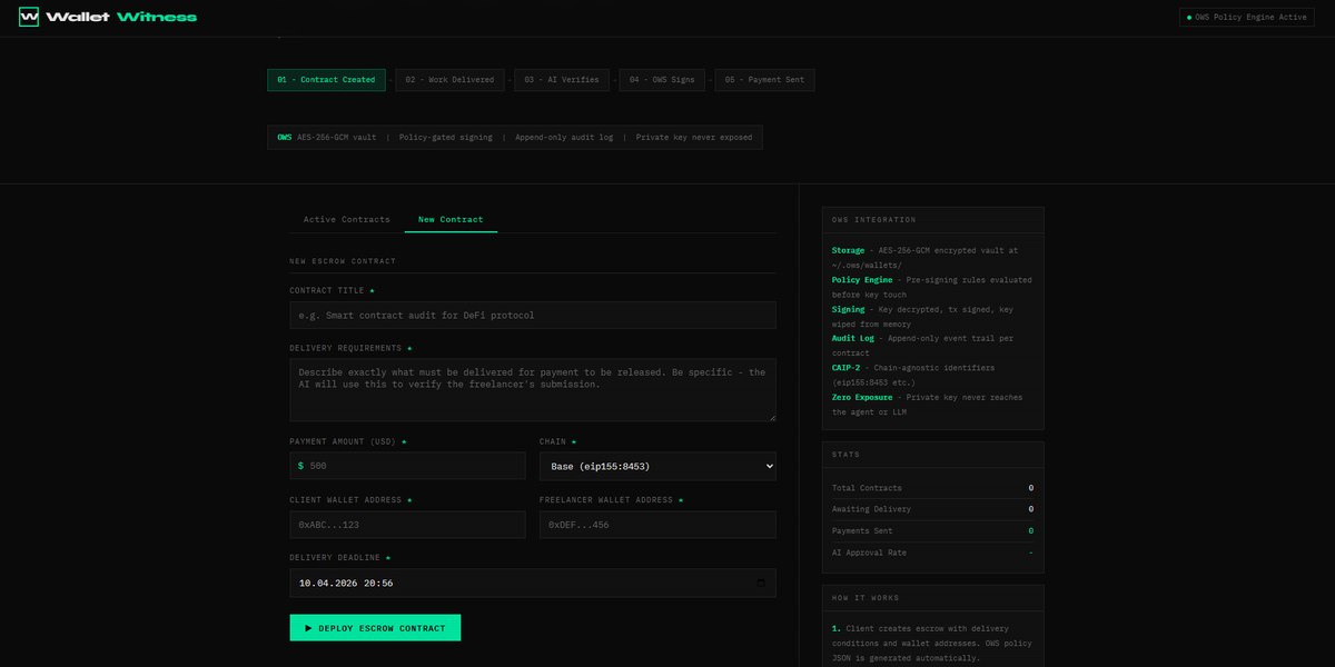 Lethe_44's tweet photo. Built WalletWitness for @OpenWallet Hackathon - AI -Powered trustless escrow.

Claude verifies delivery, OWS policy engine enforces payment. No middleman, no smart contract needed. 

#OWSHackathon #OpenWallet

https://t.co/NrdKJ2ZpYx https://t.co/JWm1Kx7vkB