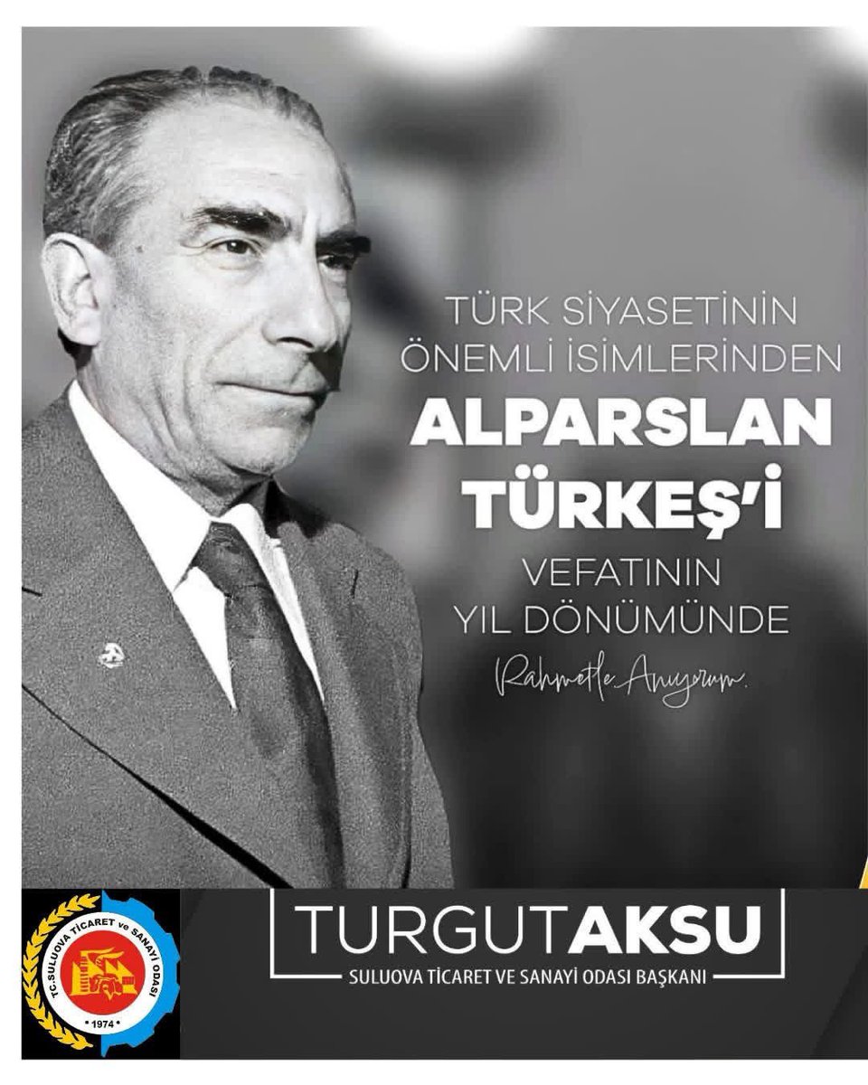 Milliyetçi Hareket Partisi'nin Kurucu Genel Başkanı  Sayın Alparslan Türkeş’in vefatının 29.Yılında  Rahmet, şükran ve Saygıyla Yad Ediyorum.Allah cc Rahmet Eylesin Mekanı Cennet Olsun.

@tobbiletisim @rhisarciklioglu @turgutaksu05 <a href="/SuluovaTso/">Suluova TSO</a> <a href="/MHP_Bilgi/">MHP</a> <a href="/dbdevletbahceli/">Devlet Bahçeli</a>