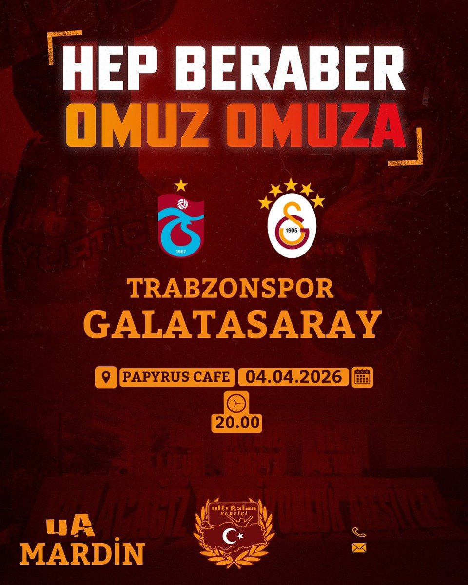 uAMardin's tweet photo. #BugünGünlerdenGALATASARAY

Galatasaray'ımızın Trabzonspor ile oynayacağı süper lig maçını hep beraber omuz omuza izliyoruz

🗓️ :04.04.2026

📍:PAPYRUS CAFE

🕗: 20.00

💵:200TL

#uAYurtiçi

#uAMardin https://t.co/fgWR6j7ium