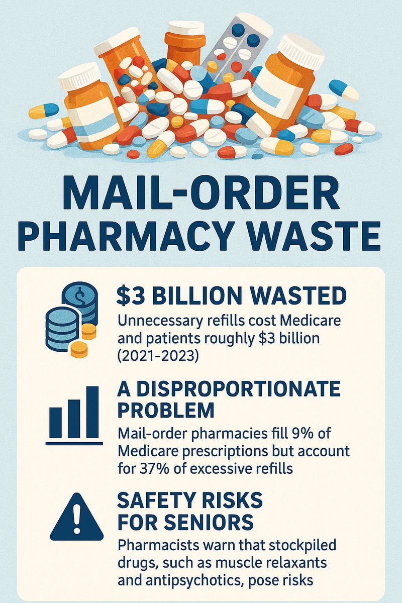 TNPharmacists's tweet image. 🚨 Mail‑order pharmacy waste is costing billions. A 2025 @WSJ analysis found unnecessary refills cost Medicare &amp;amp; patients ~$3B (2021–23). Though just 9% of scripts, mail‑order drives 37% of excess! 🔗 on.wsj.com/4s4UAnj 
 #UnmaskTheMiddleman #PatientSafety #HealthcareWaste