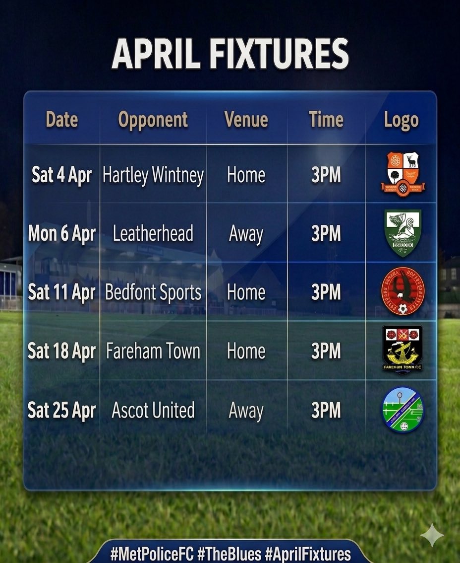 MetPoliceFC's tweet photo. Back The Blues This April! 
The final month of the season is here – your support means everything.
Check out our April fixtures below ⬇️⚽
#UPTHEMET
@IsthmianLeague https://t.co/GMHGvJrYjX