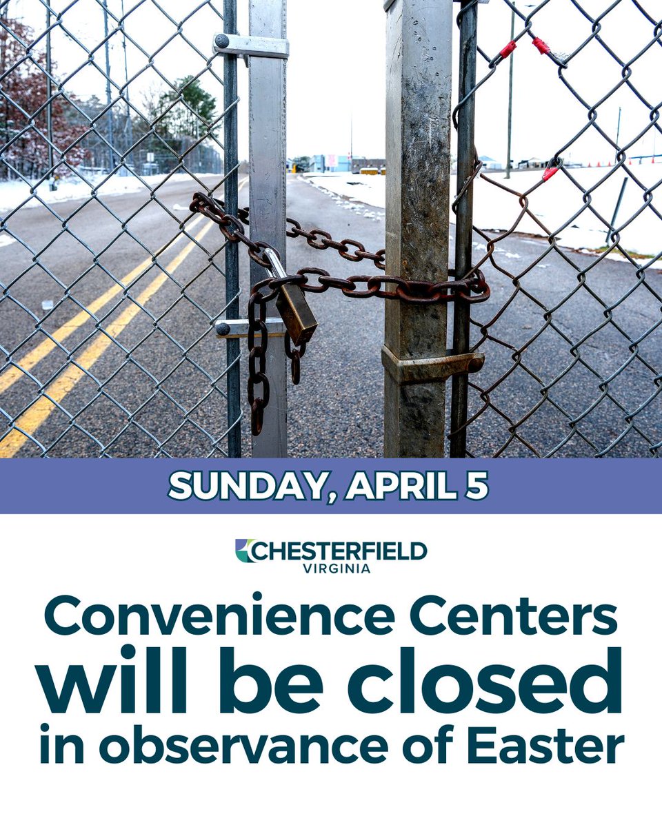 ChesterfieldVa's tweet image. A quick reminder as we head into the holiday weekend. 🐰🌸 Chesterfield convenience centers will be closed Sunday, April 5 in observance of Easter and will reopen on Monday, April 6.

#ChesterfieldVA #Cfield #CommunityUpdates