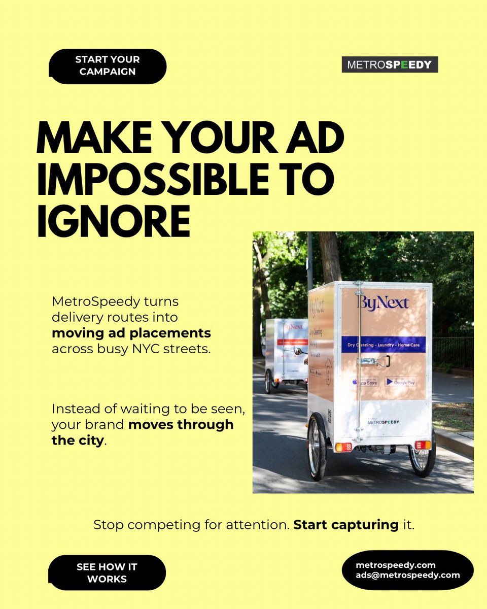 Your ads aren’t failing. They’re just easy to ignore.
People scroll. Skip. Move on 📱

Stop competing for attention.
Start showing up where it already exists 🚲

See how it works.
#metrospeedy #advertising #nycmarketing #cargobike #marketingstrategy