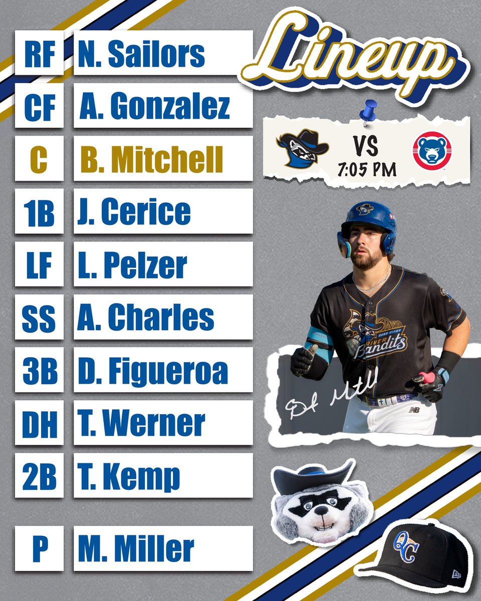 QCRiverBandits's tweet image. The first lineup card of 2026! 🤩

🆚: @SBCubs 
⏰: 7:05pm ET
🏟️: Four Winds Field
💪: Mason Miller
🔉: milb.com/quad-cities/fa…

#RoadToRoyalty🦝 | #OpeningDay