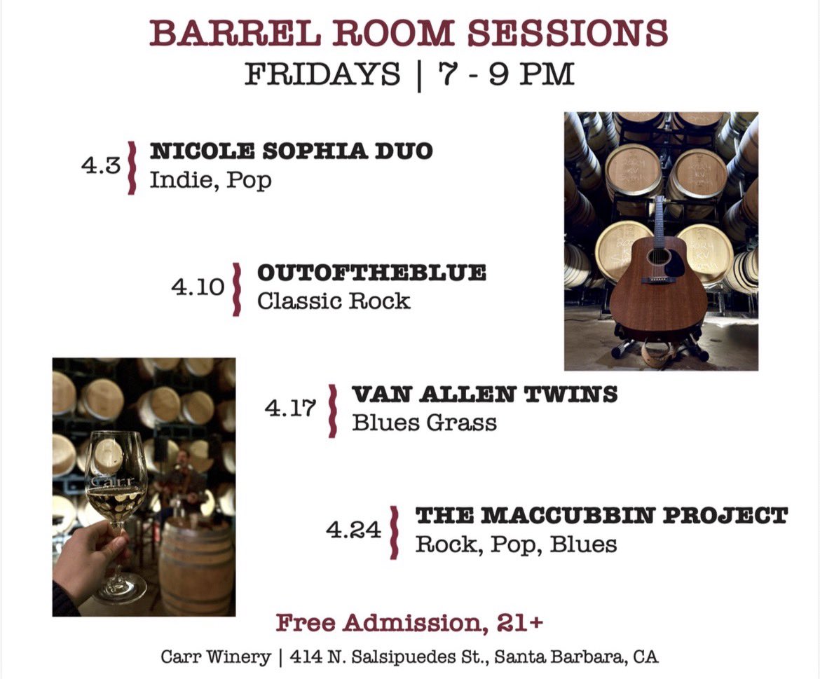 Barrel Room Sessions ~ Fridays 7-9pm 
Live music, wine, and empanadas. 

Free admission, 21+

carrwinery.com/events