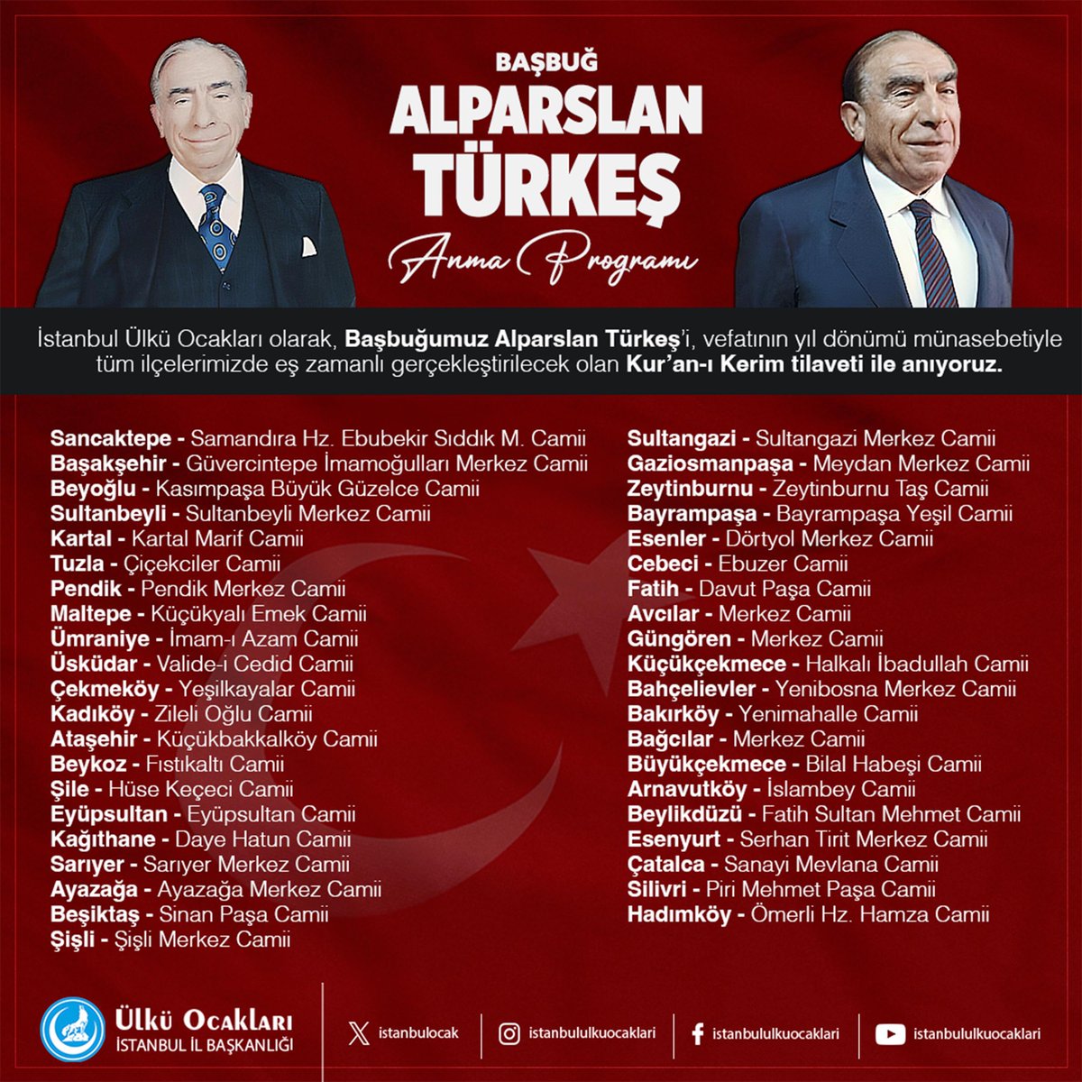 Başakşehir Ülkü Ocakları olarak, Başbuğumuz Alparslan Türkeş’i, vefatının yıl dönümü münasebetiyle gerçekleştireceğimiz Kur’an-ı Kerim tilaveti ile anıyoruz.

📅 4 Nisan Cumartesi 
🕗 20:15 Akşam namazına müteakip
📍İmamoğulları Merkez Camii