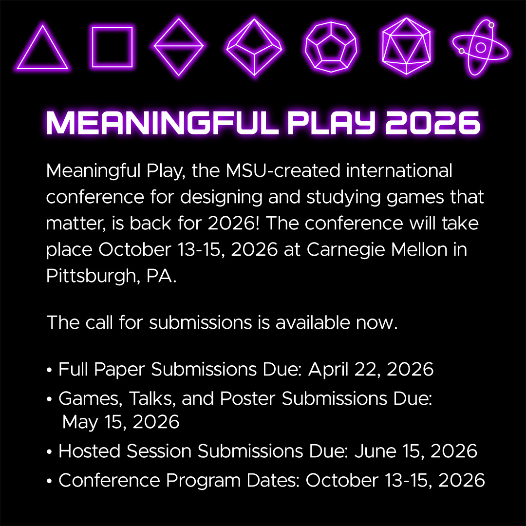 MediaInfoMSU's tweet image. Meaningful Play, the international conference for designing and studying games that matter, is back for 2026! The conference will take place October 13-15, 2026 at Carnegie Mellon in Pittsburgh, PA.
event.fourwaves.com/meaningfulplay…
#meaningfulplay #gamedesign #seriousgames