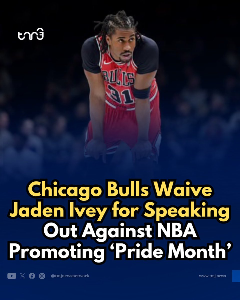 tmjnewsnetwork's tweet image. The Chicago Bulls waived guard Jaden Ivey following comments he made on social media criticizing the NBA’s promotion of Pride Month, according to reports cited by ESPN. The team stated that the decision was based on conduct it considered detrimental.

Ivey publicly objected to