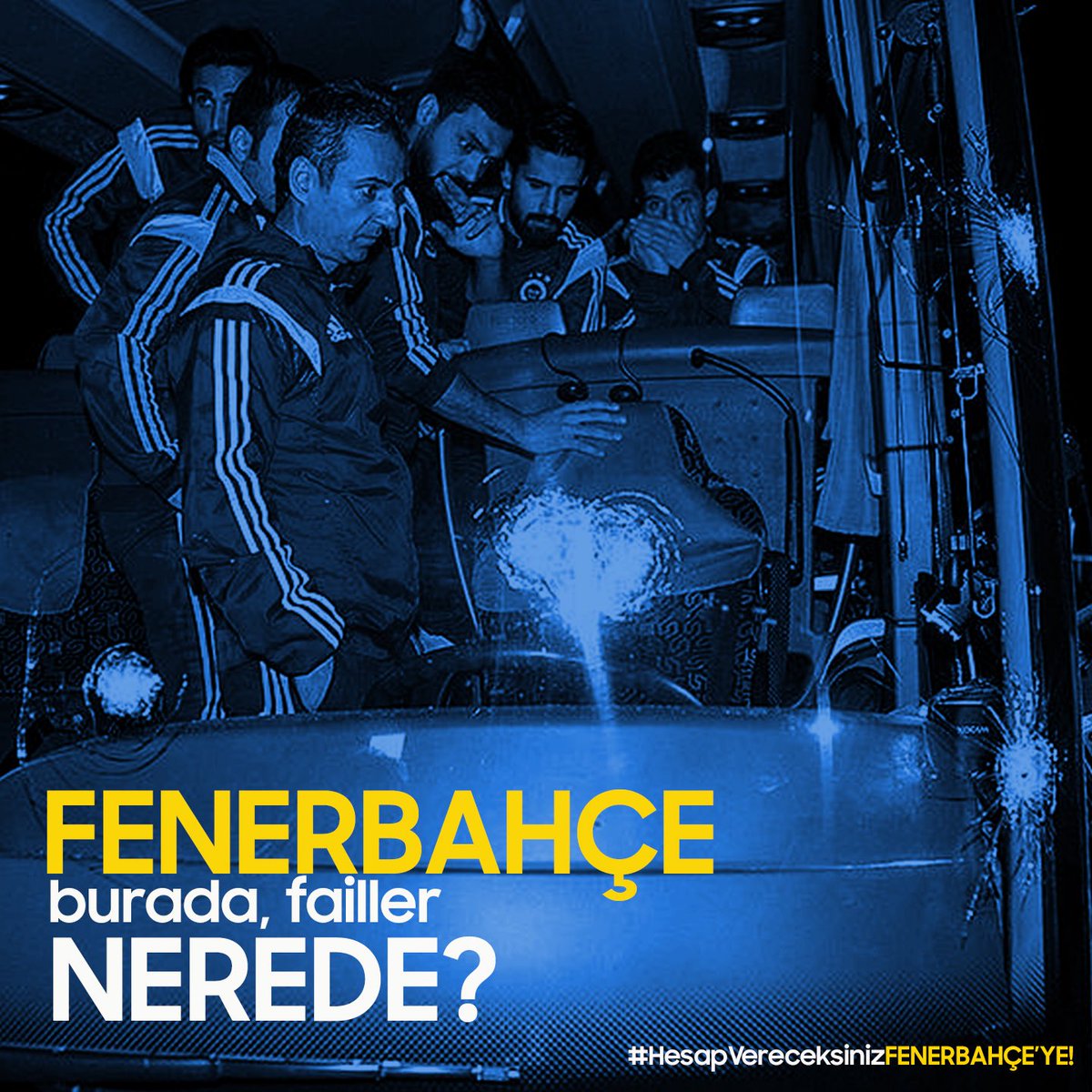 FENERBAHÇE BURADA;
FAİLLER NEREDE?

Fenerbahçemizi taşıyan otobüse gerçekleştirilen silahlı saldırının üzerinden tam 11 sene geçti.

Fenerbahçe burada, dimdik ayakta.

Peki ya alçak failler 11 YILDIR NEREDE?

UNUTMADIK, UNUTMAYACAĞIZ!
#AydınlanmayanGün