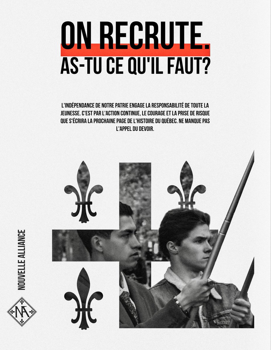 NvlleAlliance's tweet photo. 𝗔𝗦-𝗧𝗨 𝗖𝗘 𝗤𝗨’𝗜𝗟 𝗙𝗔𝗨𝗧 ? 🏴

🏴Sortie de nos nouveaux visuels pour MMXXVI

⚜️Le printemps sera chaud. La jeunesse est nationaliste. 
•
•
•
Postule dès aujourd’hui dans nos messageries ou par courriel —> nouvellealliance@protonmail.com https://t.co/WQDASR3J28