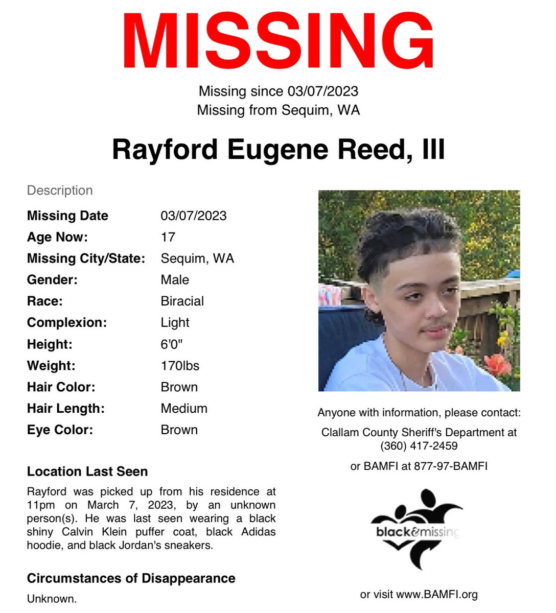 BAM_FI's tweet image. #FindingFriday: #Sequim, #WA: Then 14y/o Rayford was picked up from his residence at 11pm on March 7, 2023, by an unknown person(s). He was last seen wearing a black shiny Calvin Klein puffer coat, black Adidas hoodie, and black Jordans.