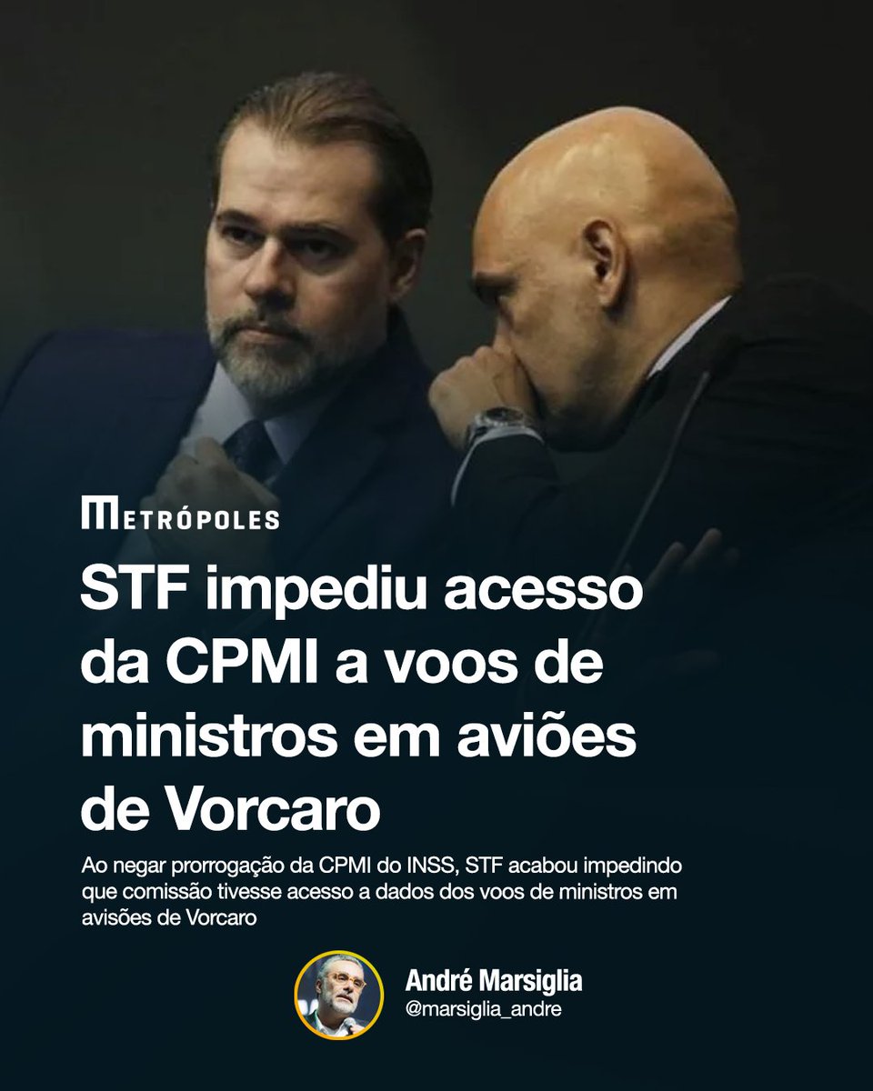 marsiglia_andre's tweet photo. A decisão do plenário do STF de barrar a prorrogação da CPMI do INSS no Congresso Nacional acabou impedindo que a comissão tivesse acesso aos voos de ministros da Corte em aviões de uma empresa do banqueiro Daniel Vorcaro.

A CPMI chegou a aprovar um requerimento solicitando dados de passageiros à Prime Aviation, empresa usada pelo dono do Banco Master para gerir suas aeronaves. A companhia, porém, alegou que não teria tempo para entregar as informações.

Em pelo menos duas ocasiões, a empresa solicitou prazo maior para conseguir reunir os dados. A primeira foi no dia 19 de março, quando alegou não ter recebido o pedido inicial para informar, entre outras informações, voos e passageiros desde 2015.