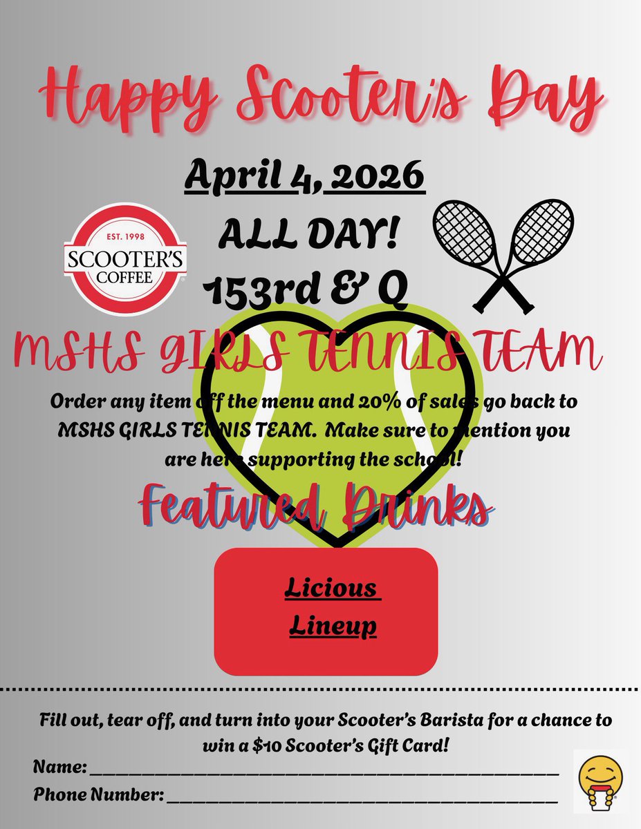 MSPatriotTennis's tweet photo. Support our Girl’s Tennis Team with any purchase from Scooter’s (153rd and Q) all day tomorrow, April 4th! 20% of sales goes back to the team. *Make sure to mention you are there to support the MSHS Tennis Team for this generous offer from Scooter’s to be applied! #MSHSactivities https://t.co/cOqe0tnF6c
