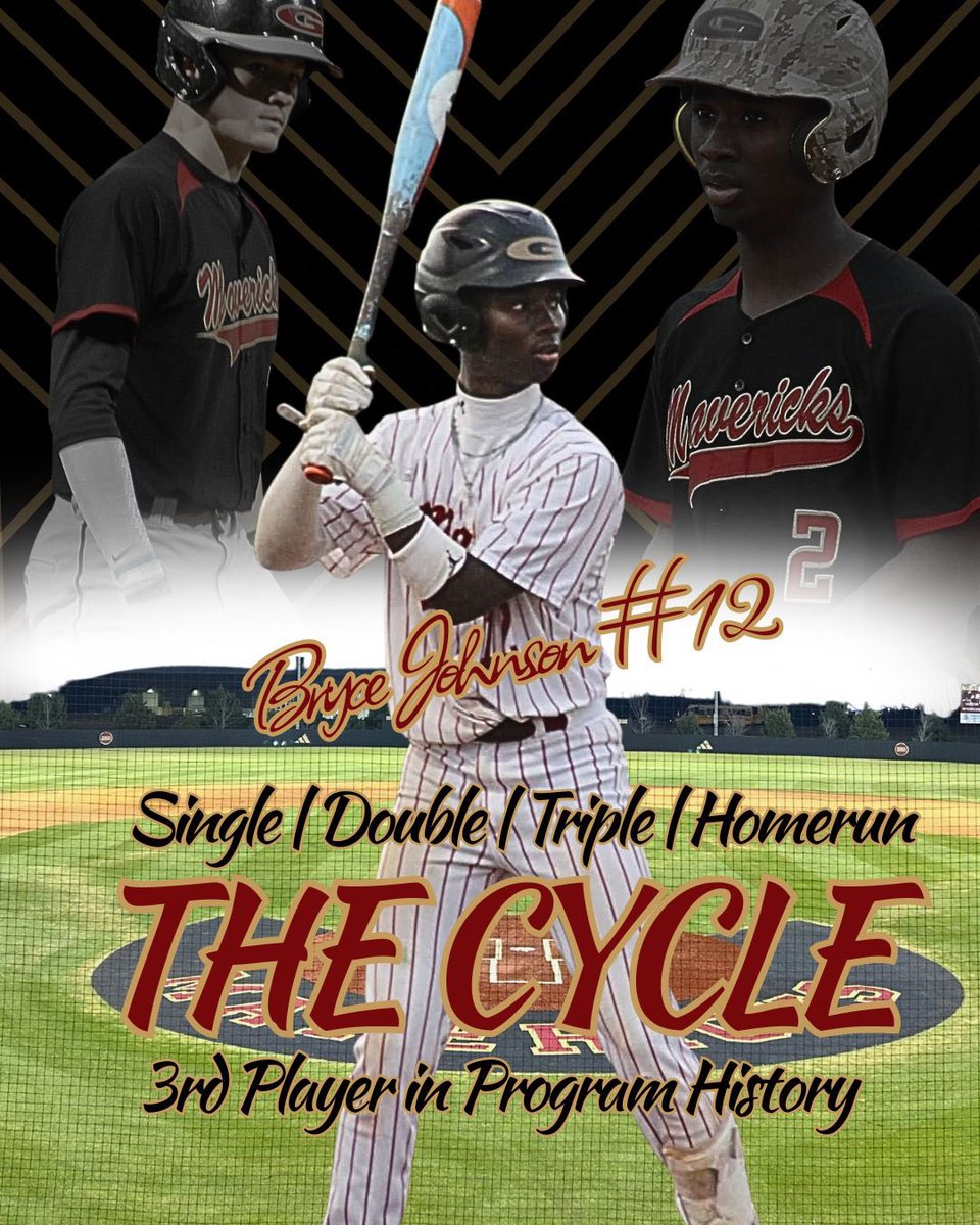 GM_BASEBALL's tweet photo. Bryce Johnson became the third player in Maverick baseball history to hit for the cycle in last night’s game against Madison Central. He joins Chandler Dillard (2016) and Bryson Ware (2019) in this incredible achievement. Congratulations, Bryce! We’re so proud of you! #GoMavs https://t.co/VaFX4rxlf8