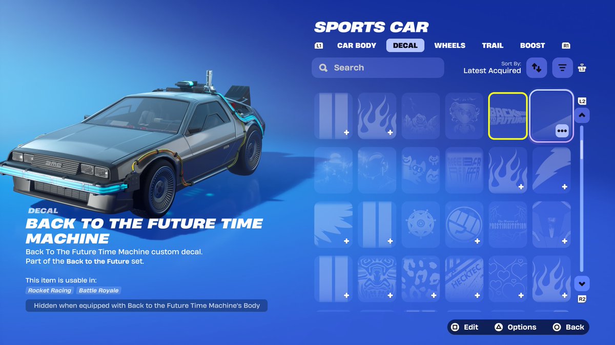 HyperSkyyyy's tweet photo. @FortniteStatus Hey, y'all. Just wanted to make you guys aware of a bug with the DeLorean. Essentially, two of it's decals seem to have been miscoded and no longer apply to the car itself. Would be appreciated if you guys could look into it 🙏 https://t.co/OzhlRb9L3F