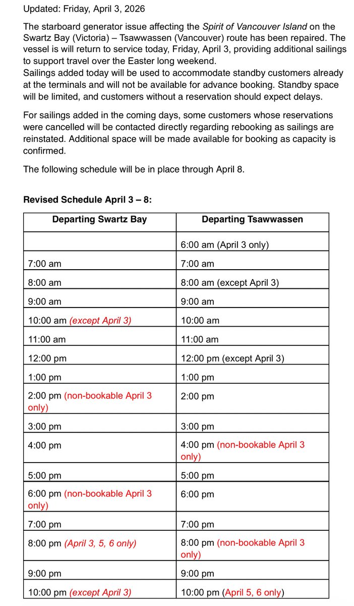 jarmstrongbc's tweet image. NEW: @BCFerries says Spirit of Vancouver Island has been repaired and is returning to service.

#bcpoli
@GlobalBC