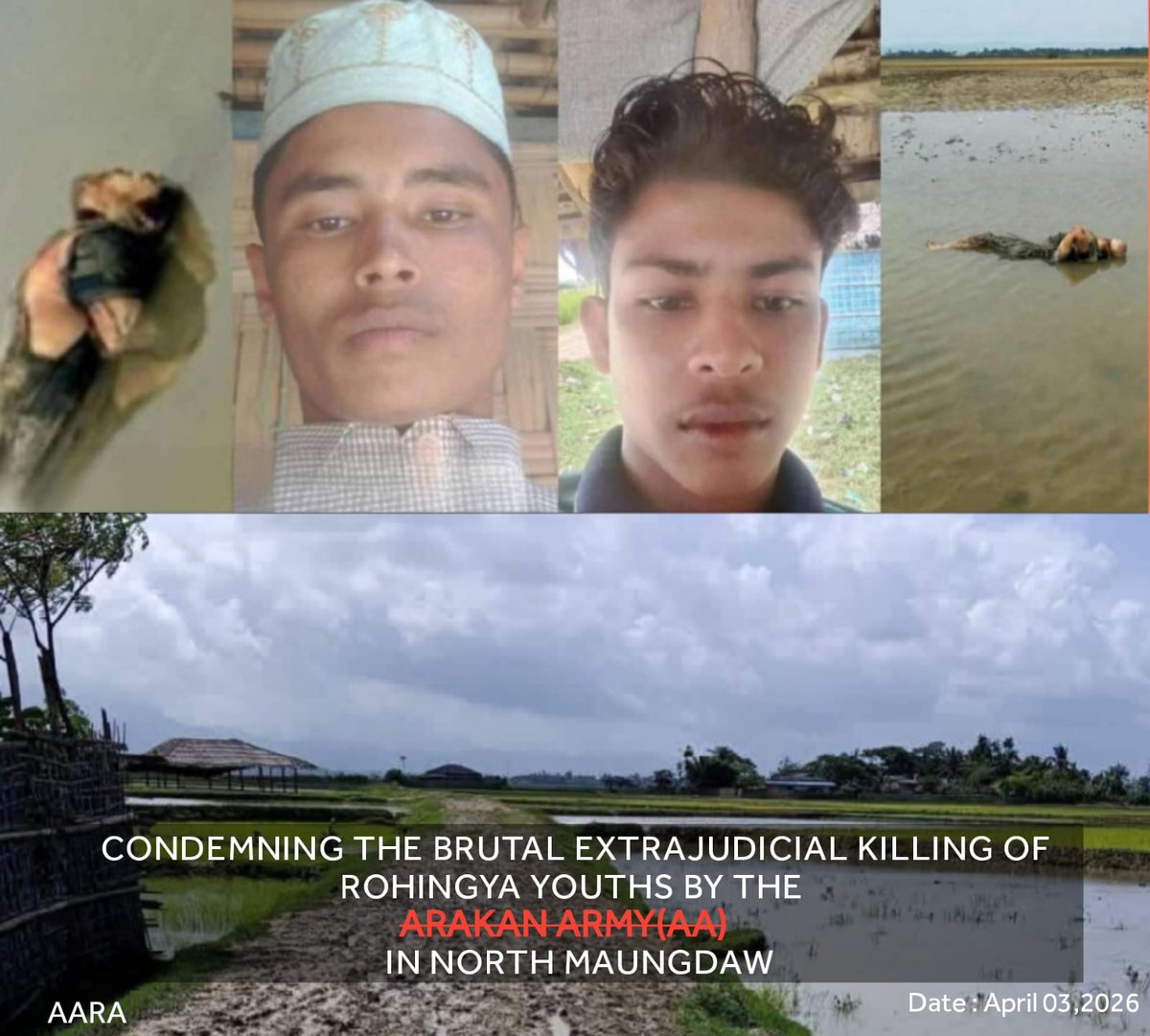 ActionRohingya's tweet photo. AARA condemns AA's brutal killing of two Rohingya youths in Maungdaw. Torture, beheading. Demand int’l investigation &amp; accountability.

https://t.co/vorYP5NY7K
@BBCBreaking
@hrw #Rohingya #CivilianRights #ArakanArmy #JusticeForRohingya #Maungdaw #village #AA #ULA_AA #AA https://t.co/jSkXNQLa9Y