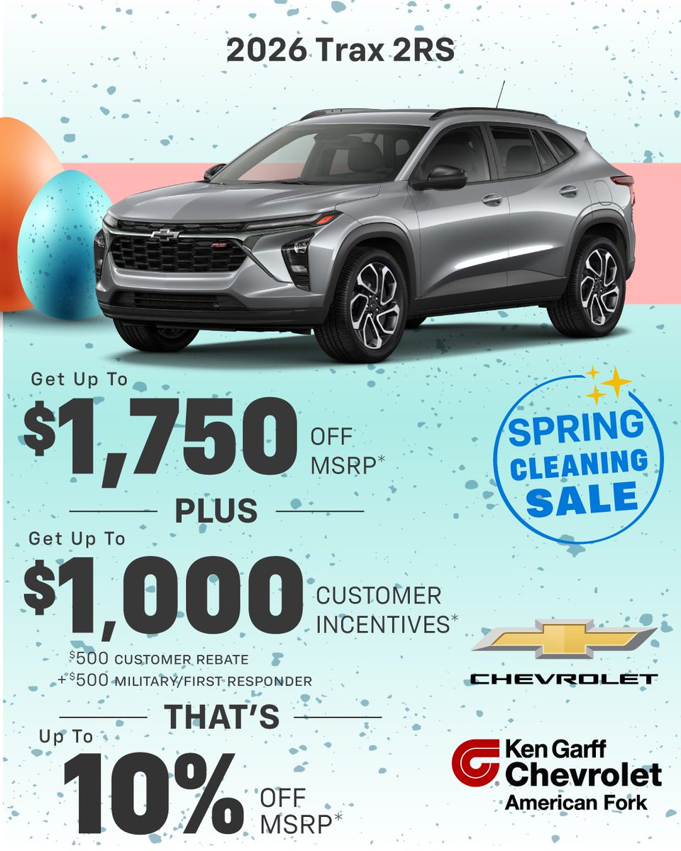 KenGarffChev's tweet photo. 🚗💨 Don't miss out! Get your 2026 Trax 2RS NOW with $1,750 OFF MSRP + up to $1,000 in customer incentives! That's up to 10% off!

Shop now: https://t.co/tb8A8IByzX

*See dealer for details. Offer expires 4/30/26. https://t.co/AmbX4Igzq2