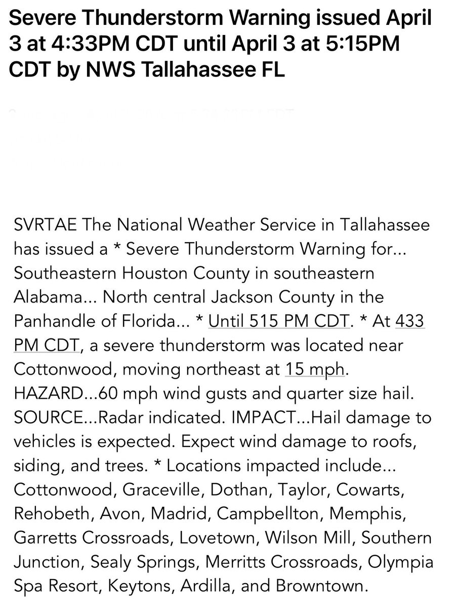 NWS Severe Thunderstorm Warning