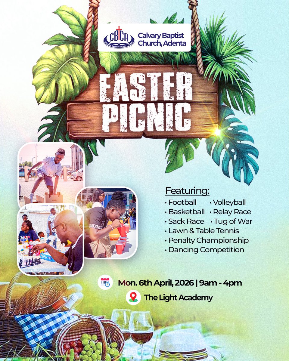 cbc_adenta's tweet photo. Picnic blankets, sunshine, and sports! ☀️ Join Calvary Baptist Church, Adenta this Easter Monday at The Light Academy for a day of nonstop action. From the chess board to the football pitch, come show us what you’ve got! 🏆 https://t.co/hc3jQZAlMt