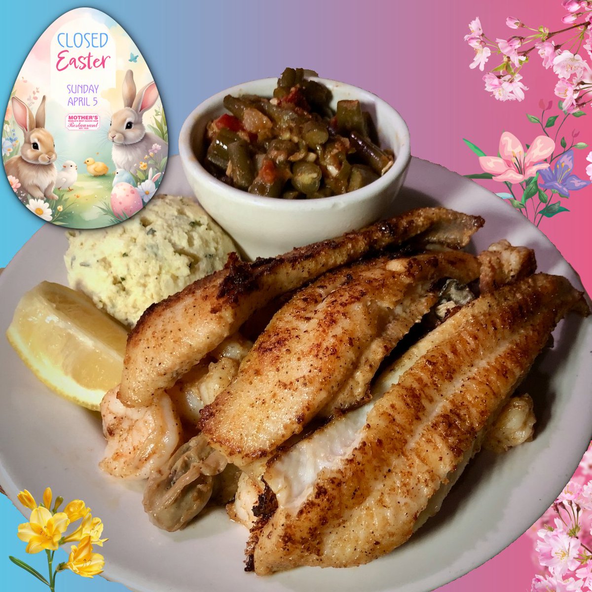 MothersNOLA's tweet image. Grilled seafood platter with catfish, shrimp, and oysters. It's #meatless for #Lent if you select potato salad &amp;amp; green beans. 
CLOSED EASTER 🍽️ Dine-in 📲 bit.ly/order-ubereats @UberEats ☀️Open 7am-10pm 🎁Gifts INFO linktr.ee/mothersrestaur… #mothersrestaurant