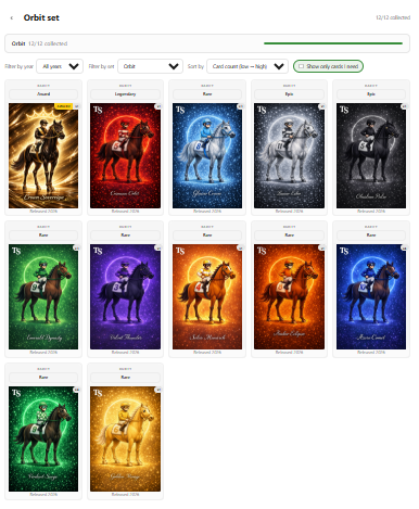25yPGAstables's tweet photo. @Tradestables Just completed the “Orbit” collection — all 12 cards secured.
Ripped open some packs, made some trades… and now it’s DONE.
Supply is tight, competition is real!
Who else is close to completing Orbit? @Poor2Ricopfl @Radio_WEB3 https://t.co/Zz9p9dgtXf