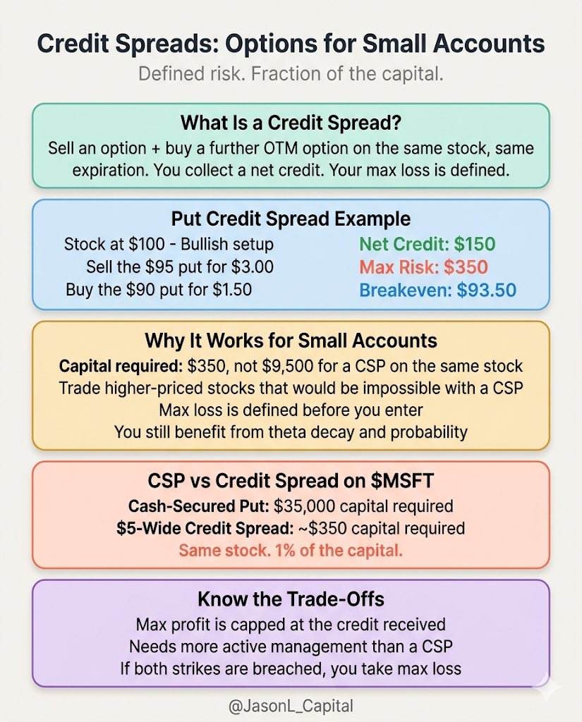 JasonL_Capital's tweet photo. You don't need $10,000 to start selling options.

Credit spreads let you trade with a fraction of the capital. Here's why they work for small accounts:

A credit spread is when you sell an option and buy a further OTM option on the same stock, same expiration. You collect a net credit upfront and your max risk is defined.

Example:

Stock trades at $100. You're bullish.

You sell the $95 put for $3.00
You buy the $90 put for $1.50

Net credit: $1.50 ($150 per spread)
Max risk: $5.00 spread width minus $1.50 credit = $3.50 ($350)
Max profit: $150
Breakeven: $93.50

Capital required: $350, not $9,500 for a cash-secured put on the same stock.

Why this works for small accounts:

- You define your max loss before you enter
- Capital requirement is the spread width minus the credit, not 100 shares worth
- You can trade higher-priced stocks that would be impossible with a CSP
- Selling a $350 strike CSP on $MSFT requires $35,000. A $5-wide credit spread on the same stock might cost you $350.
- You still benefit from theta decay and probability

What can go wrong:

- Your max profit is capped at the credit. You'll never make more than $150 on this trade no matter how high the stock goes.
- If the stock drops below $90, you lose the full $350. That's a 100% loss on the position.
- Pin risk: if the stock closes right at your short strike at expiration, you can get assigned on one leg while the other expires worthless. Now you're holding 100 shares you didn't plan for.
- These move fast near expiration. If your short leg is ITM in the final week, you need to be actively managing or closing.
- Wide bid-ask spreads on both legs means you're paying slippage on entry AND exit. Illiquid names will eat your edge.

How I manage this:

- Close at 50-70% of max profit. Don't hold to expiration trying to squeeze out the last 30%.
- Closing early eliminates pin risk entirely and frees up capital for the next trade.
- If the stock moves against you hard, you know your max loss from day one. No surprises.
- If the thesis breaks, close early and redeploy the remaining capital.

Credit spreads are how I'd start if I were building a small account today. They teach you strike selection, probability, and risk management with real money on the line, without needing $10K+ per position.

NFA DYOR