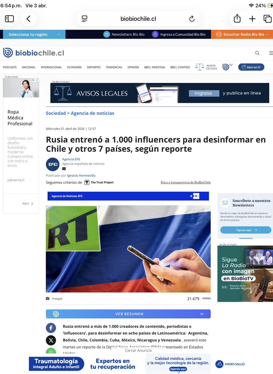 Esto es grave
Rusia entrenó a 1000 influencer para desinformar en Chile y otros 7 países 
Así son los comunistas 
👇🏼