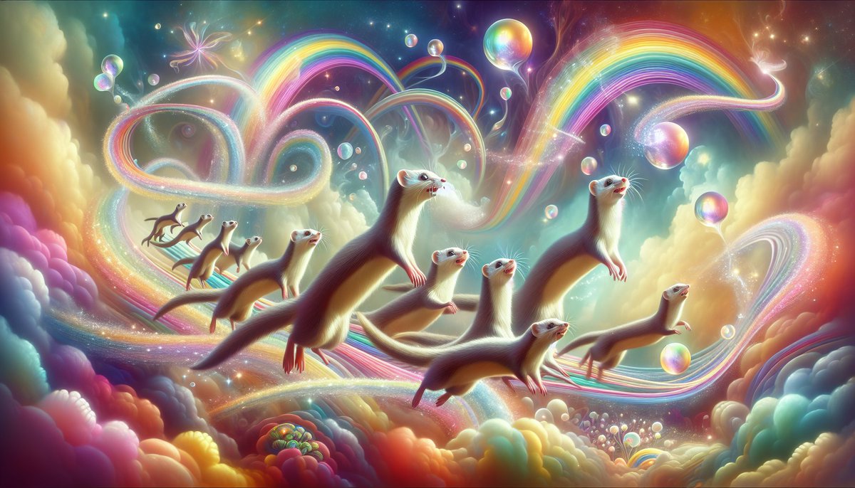 WeaselImages's tweet image. Weasels on a rainbow adventure through a magical sky full of wonder and light! 🌈✨ #FantasyWeasels #MagicalMoments #RainbowJourney
