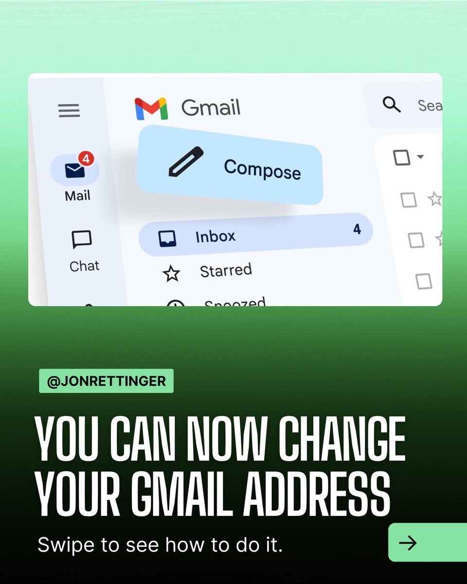 Jon4Lakers's tweet image. Did you know you can finally change your Gmail address? No more making new emails to save yourself from your embarrassing email address you made when you were 13. 

Send this to someone who needs to know!

#techtips #technews #gmail #google #googleupdate