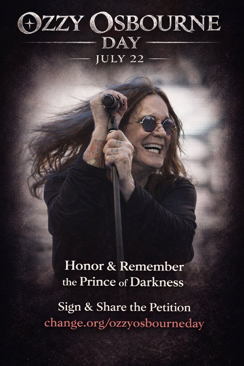 ThisDayInMETAL's tweet image. Ozzy Osbourne Day is July 22 🤘

Let’s honor &amp;amp; remember the Prince of Darkness by making it official.

Sign &amp;amp; share the petition:
👉 change.org/ozzyosbourneday

#OzzyOsbourne #PrinceOfDarkness #HeavyMetal #RockAndRoll #MetalLegends #Petition #ThisDayInMetal