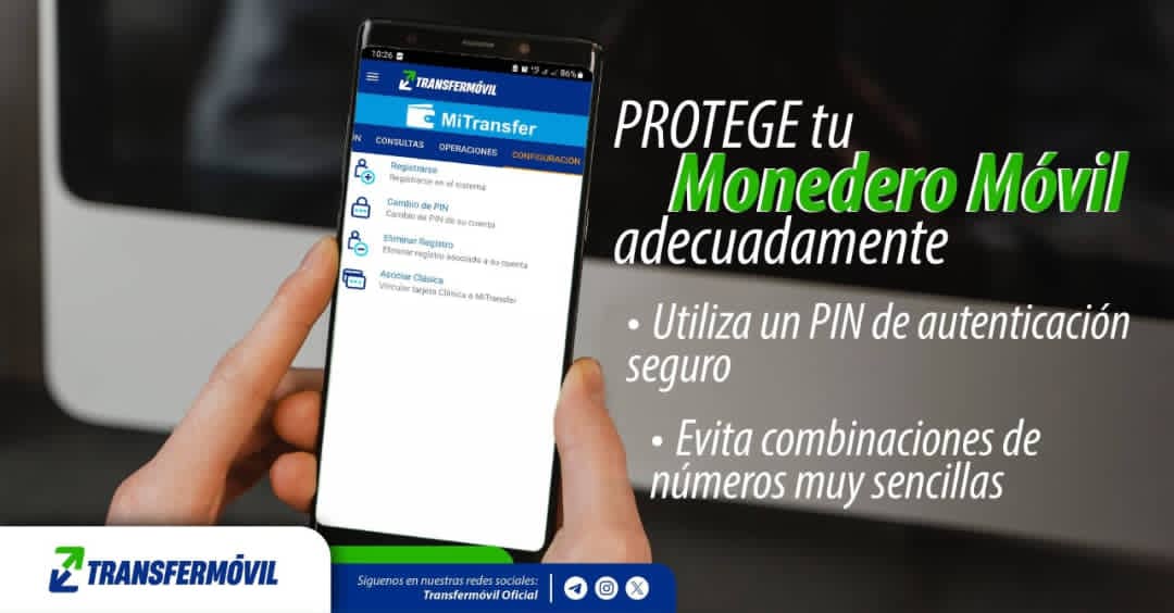 Para que tu PIN del Monedero Móvil sea seguro👇
Evita combinaciones sencillas como “0000” o “1234”, y no uses información personal.
👉Puedes cambiar tu PIN de autenticación tantas veces  desees desde la opción Configuración.  #Transfermóvil