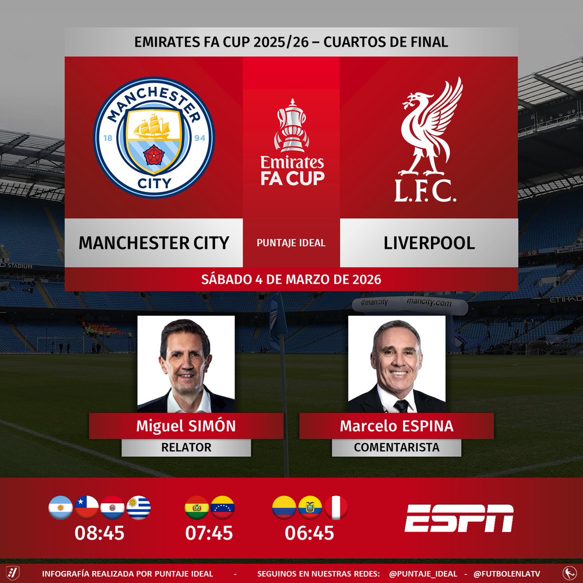 Puntaje_Ideal's tweet photo. ⚽ #FACup 🏴 | #ManchesterCity vs. #Liverpool
🎙 Relator: @migsim
🎙 Comentarista: @marceloespina8
📺 #ESPN Sudamérica
💻📱 @disneyplusla
🤳 #FACUPxESPN - #DisneyPlus - #EmiratesFACup
Dale RT 🔃 https://t.co/NVDpVSwWoZ