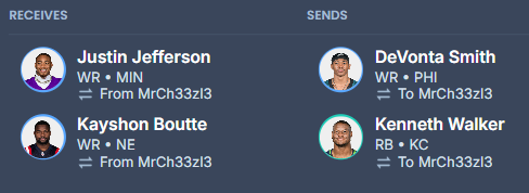 psuanimal's tweet photo. @TFFDudes Just executed this earlier this week. Dumped Walker knowing I got the 1.01 in the 2026 draft (and I won the league last season) . Thoughts? https://t.co/q6dazUUFzM