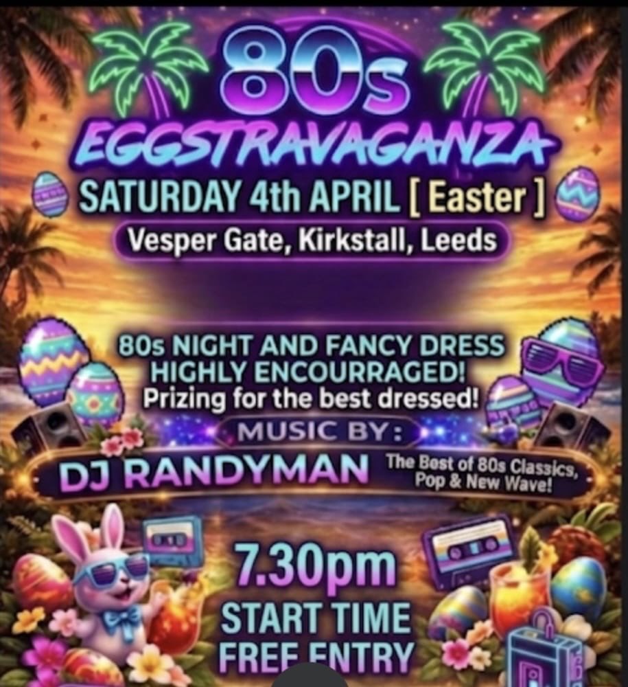 single_leeds's tweet photo. Happy Easter weekend 🐣 May see some of you tomorrow night! @Caroline @Randy thanks for putting this on! 
Apparently it’s 80s dress or bunny ears 🐰: 
Join me at 80s Eggstravaganza! Drinks, DJ, Dancing 🕺 💃 https://t.co/ZYHD1hLzzv https://t.co/bVNQKTG3qS