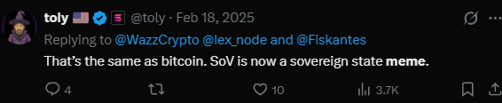 TheProperDev's tweet photo. Toly has tweeted multiple times about SOV being the best meme.

How about we send.

Stupidly Optimistic Valuation.

The more Stupidity and Optimism you have the higher the Valuation. https://t.co/ySoCjEV5TM