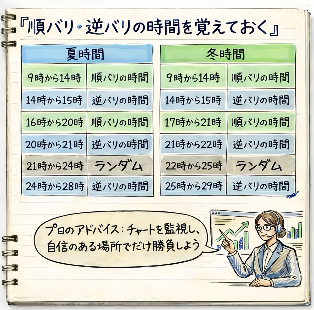 dagram_trader's tweet photo. 🚨完全保存版『FX最強時刻表：あなたの得意な時刻帯はこれだ🫵』〜市場時刻帯別の順張り逆張り〜
※絶対にマジで保存してください（dagramより）

相場にはほぼ毎日繰り返される“癖”があります。

━━━━━━━━━━━━
■ 市場別タイムスケジュール
━━━━━━━━━━━━

【東京】
・09:00 - 14:00 → 順張り（流れが出やすい）
・14:00 - 15:00 → 逆張り（手仕舞いで反転）

【欧州・NY（夏）】
・16:00 - 20:00 → 順張り（本命トレンド）
・20:00 - 21:00 → 逆張り（欧州の利確）
・21:00 - 24:00 → 見送り（指標で荒れます）
・24:00 - 28:00 → 逆張り（NYクローズの巻き戻し）

【欧州・NY（冬）】
・17:00 - 21:00 → 順張り
・21:00 - 22:00 → 逆張り
・22:00 - 25:00 → 見送り
・25:00 - 29:00 → 逆張り

■ プロの視点

時間だけで勝てるほど甘くはありません。
しかし——時間を無視して勝てることもありません。

・トレンドが出ているか
・どこに注文が溜まっているか
・どこで損切りが走るか

これに“時間帯”を重ねたときにだけ
優位性が生まれます。

自分の都合でエントリーしてはいけません。
市場が動く時間に合わせてください。

それだけで
無駄な負けは確実に減ります。

相場を動かしているのは
指標でもニュースでもありません。
“その時間に動く人間”です。

どれだけ材料が揃っても
参加者がいなければ相場は動きません。

つまりFXは——
「どの時間に、誰がポジションを動かすか」を
読むゲームです。

ここを外している限り勝ち組にはなりません。

#FX #ゴールド #トレード #テクニカル分析 #トレード初心者 #FX初心者