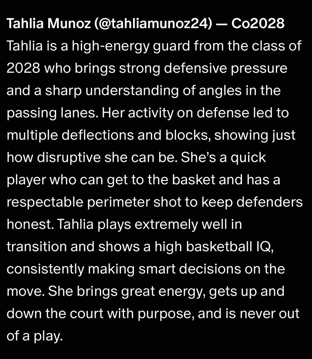 tahliamunoz24's tweet photo. Thank you @Prospect_ShowcaseWBB for the feature. Grateful for the recognition and locked in on getting better every day. 🔒💪🏽 https://t.co/Ayz4yOeuQ2